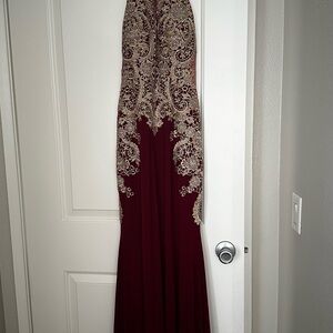 Elegant Burgundy and Gold Lace Gown